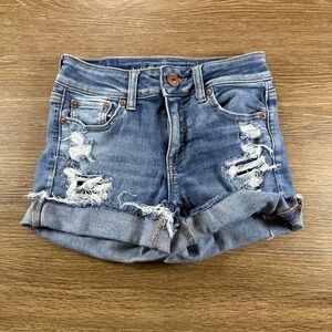 American Eagle Women's Denim Shorts Size 0 Next Level Stretch Distressed Cuffed